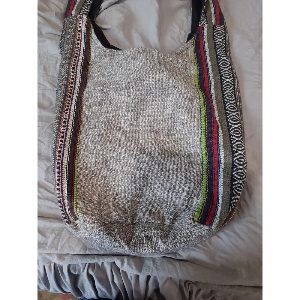 Kathmandu Boho Yoga shoulder bag 100% cotton made in Nepal Grey‎ black graphic